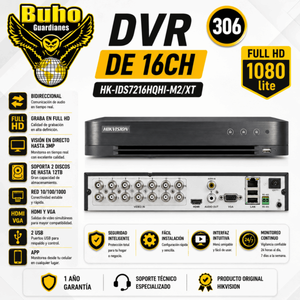 306-DVR 16CH ACUSENSE 1080P 2HDD C/ANALITICA