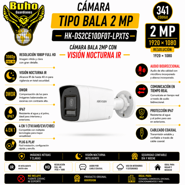 341-BULLET 2MP COLORVU SMART HYBRID LIGHT IR20M 2.8MM C/AUDIO 2 VIAS