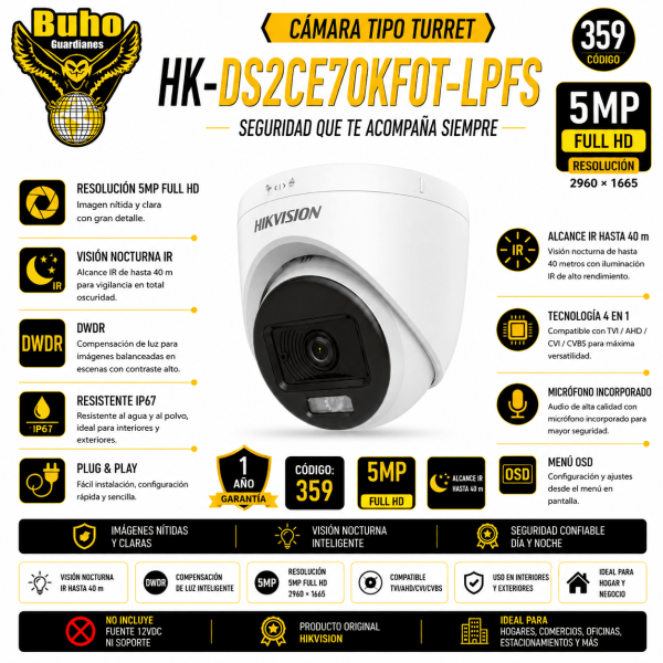 359-TURRET 5MP COLORVU SMART HYBRID LIGHT IR 20M 2.8MM C/AUDIO