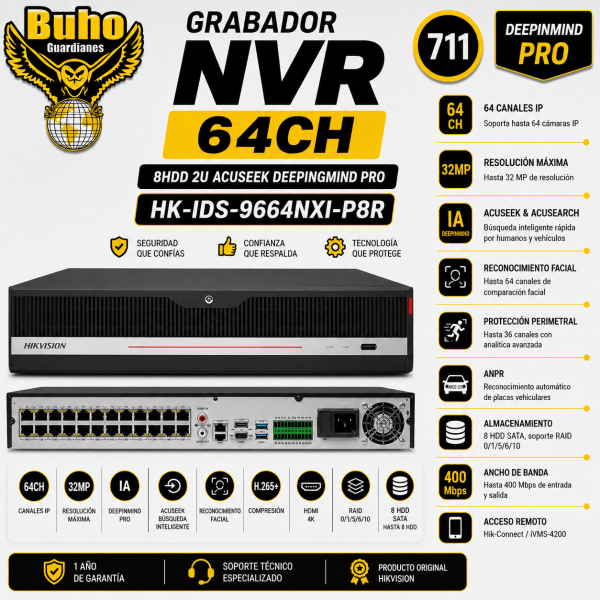 711-NVR 64CH 8HDD 2U ACUSEEK DEEPINGMIND PRO CON FUENTE REDUNDANTE