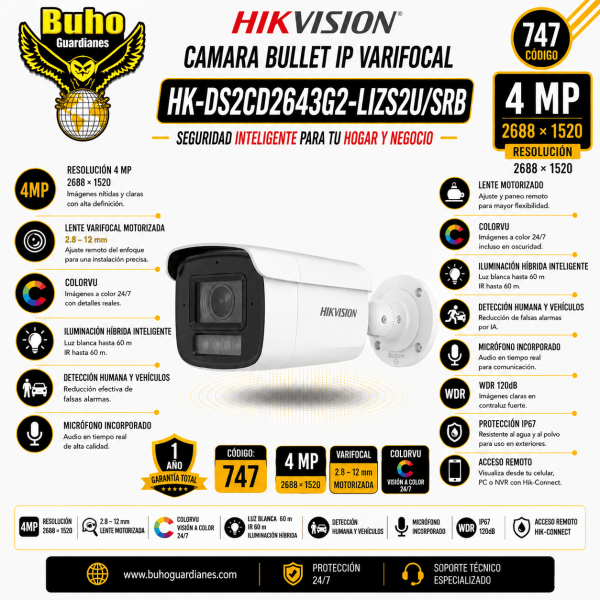 747-Cámara de red tipo bala varifocal motorizada con luz estroboscópica y advertencia audible Acusense de 4 MP y luz híbrida inteligente