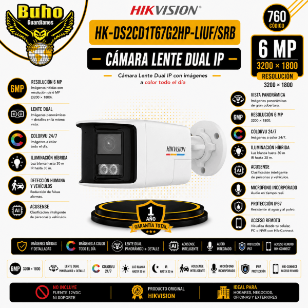 760-BULLET IP DOBLE LENTE 180° 6MP 2.8MM SMART HYBRID LIGHT IR30M