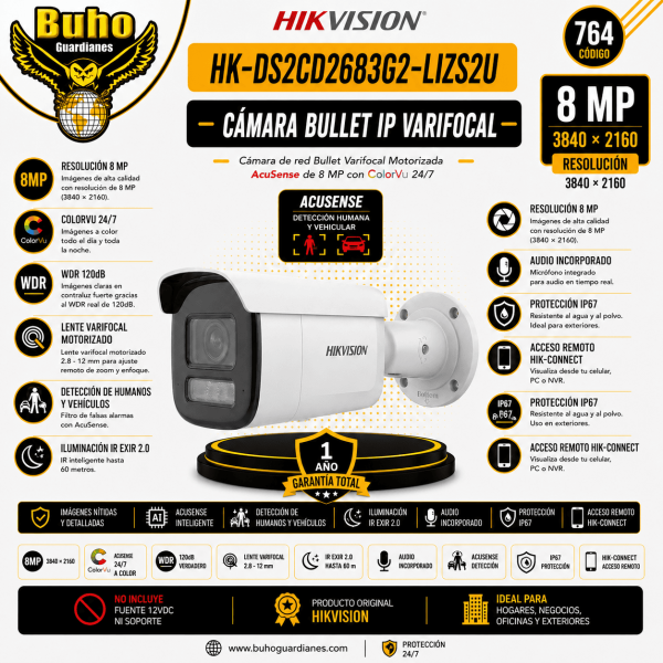 764-BULLET IP 8MP ACUSENSE SMART HYBRID LIGHT LENTE MOTORIZADO 2.8-12MM
