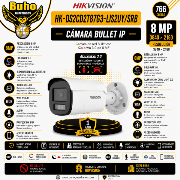766-COLORVU3.0 BULLET IP 8MP 2.8MM SMART HYBRID LIGHT IR AUDIO Y LUZ STROBO