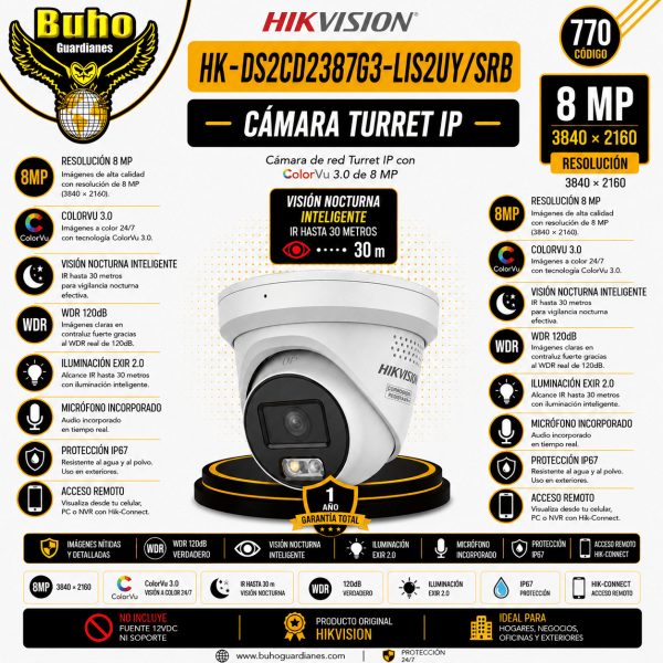 770-COLORVU3.0 TURRET IP 8MP 2.8MM SMART HYBRID LIGHT IR AUDIO Y LUZ STROBO