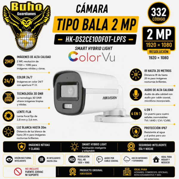 332-BULLET 2MP COLORVU SMART HYBRID LIGHT IR20M 2.8MM C/AUDIO