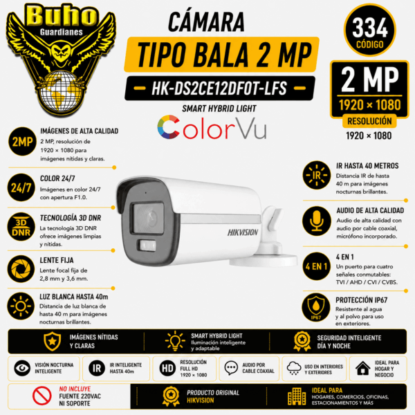 334-BULLET 2MP COLORVU SMART HYBRID LIGHT IR40M 2.8MM C/AUDIO
