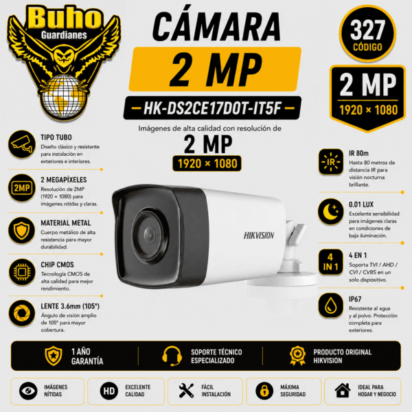 327-TUBO 2MP 1080P EXT CON IR 80M L3.6MM - 12VDC