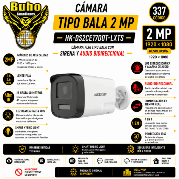 337-TUBO 2MP SMART HYBRID LIGHT IR 40M 2.8MM C/AUDIO 2 VIAS Y SIRENA