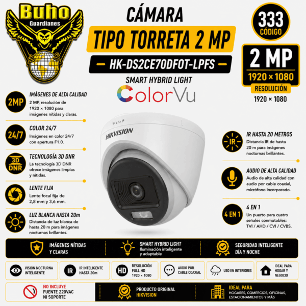 333-TURRET 2MP COLORVU SMART HYBRID LIGHT IR 20M 2.8MM C /AUDIO