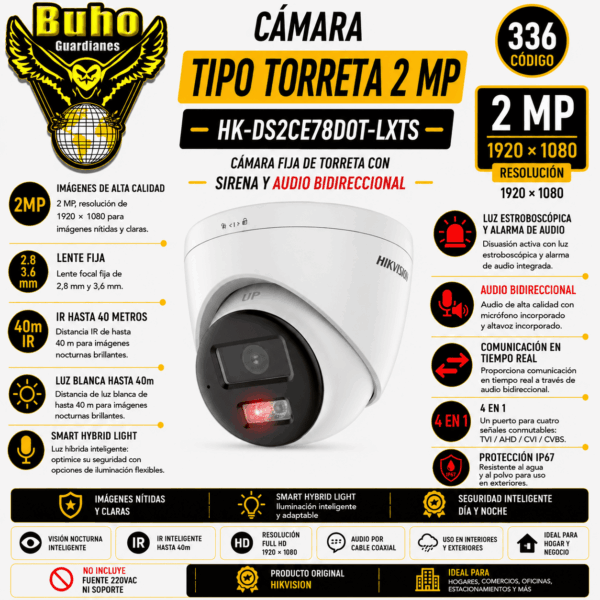 336-TURRET 2MP SMART HYBRID LIGHT IR 40M 2.8MM C/AUDIO 2 VIAS Y ALARMA