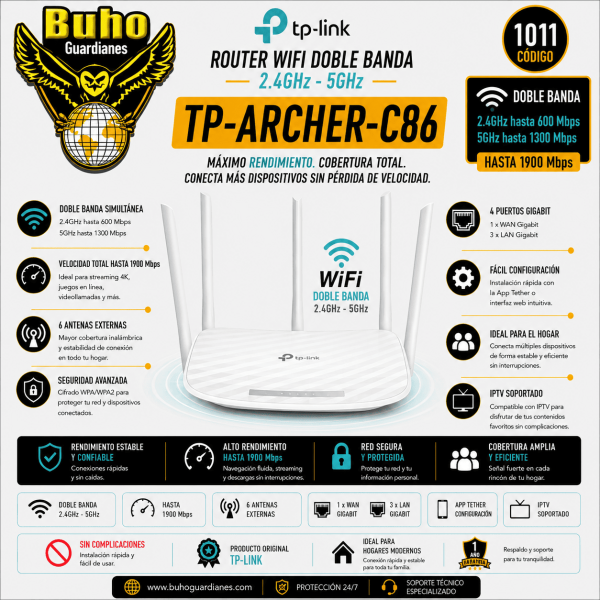 1011-AC1900 ROUTER WIFI DOBLE BANDA 2.4-5GHZ 6 ANTENAS
