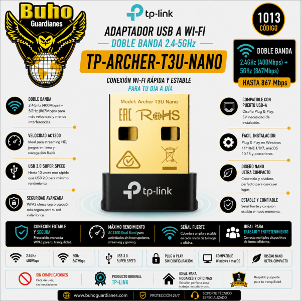 1013-ADAPTADOR USB NANO WIFI DOBLE BANDA AC1300