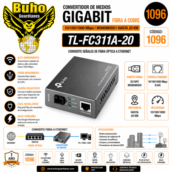 1096 - CONVERTIDOR A FIBRA OPTICA 10/100 DE RJ45 A MONO MODO CS