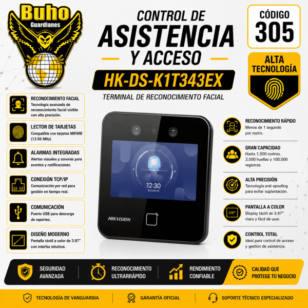 305-CONTROL ACCESO ASISTENCIA|AUDIO BIDIRECCIONAL|1,500 ROSTROS|3,000 TARJETAS EM