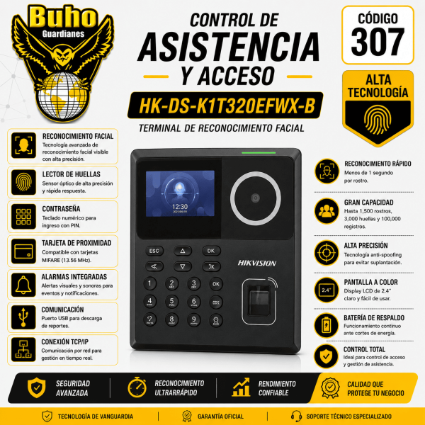 307-ACCESO ASISTENCIA WIFI C/BATERIA|500 ROSTROS|1,000 TARJETAS EM|1,000 HUELLAS