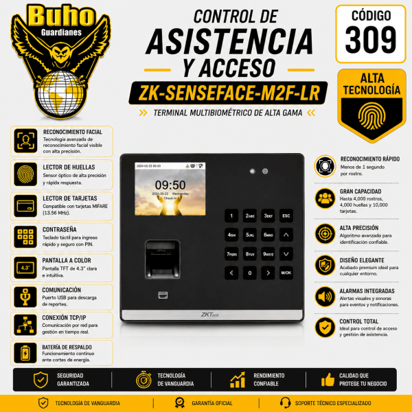 309-CONTROL DE ASISTENCIA ADMS 500 ROSTROS 1000 HUELLA Y TARJETA. 150,000 EVENTOS. BATERIA DE RESPALDO