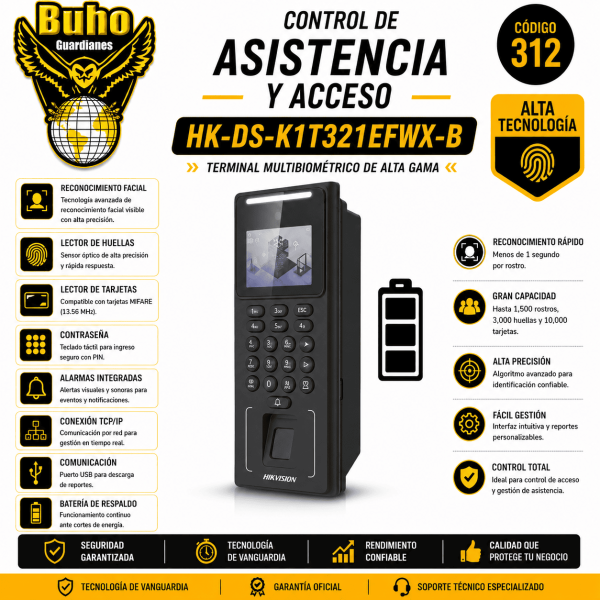 312-CONTROL ACCESO ASISTENCIA CON WIFI Y BATERIA |500 ROSTROS|3,000 TARJETAS EM|3,000 HUELLAS