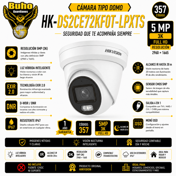 357-TURRET 3K COLORVU SMART HYBRID LIGHT IR20M 2.8MM C/AUDIO 2 VIAS