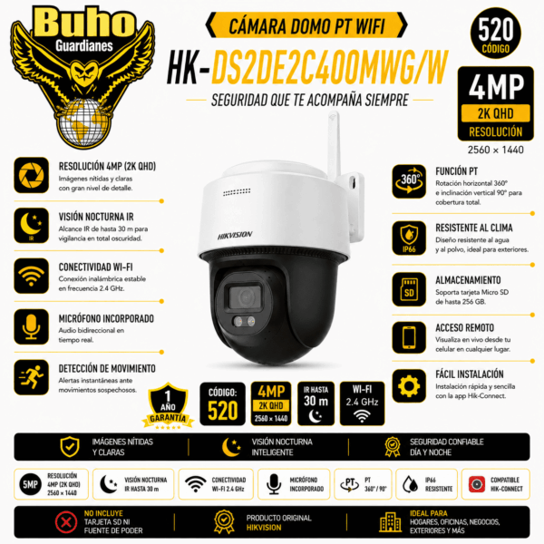 520-Cámara de red inteligente híbrida con luz WIFI PT de 4 MP para exteriores (conexión a NVS)