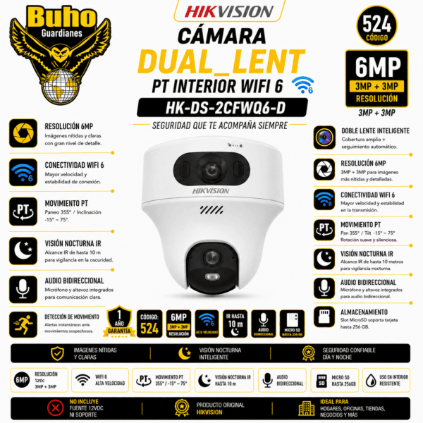 524-EASYLINK CAMARA PT INTERIOR LENTE DUAL 2K+2K WIFI 6 IR10M AUDIO DOS VIAS