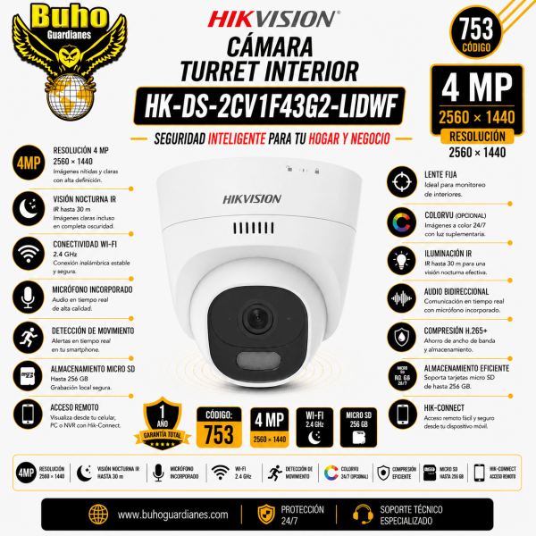 753-Cámara de red fija tipo torreta con Wi-Fi para interiores de 4 MP