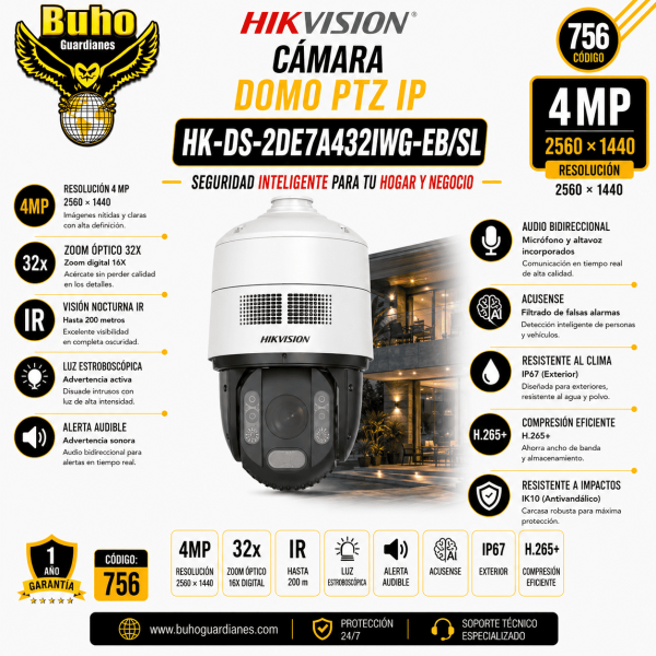 756-DOMO PTZ IP 4MP 32X IR200M ALERTA AUDIBLE Y LUZ ESTROB. ACUSENSE. IP67.IK10