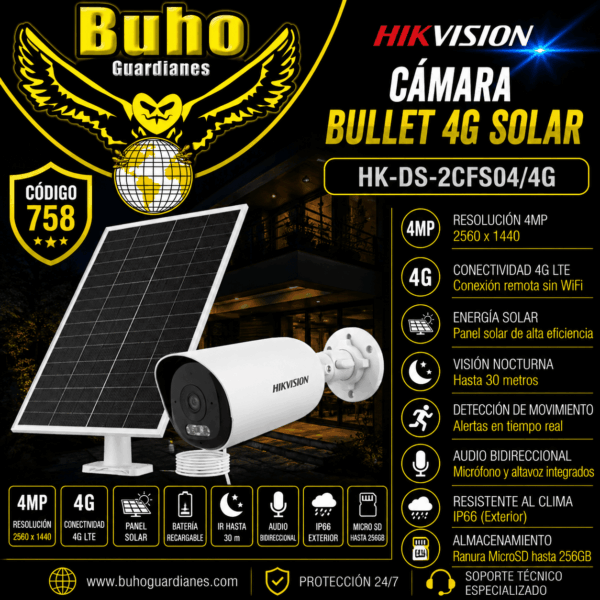 CAMARA FIJA 4G DE 4MP IR30M C/PANEL SOLAR 8W Y BATERIA 9000mAh