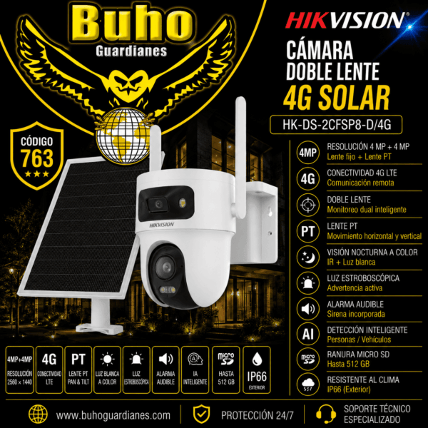 CAMARA DOBLE LENTE 4G DE 4MP+4MP IR30M C/PANEL SOLAR 8W Y BATERIA 9000mAh