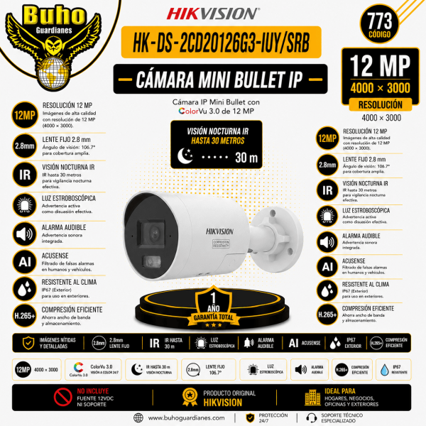 773-MINI BULLET IP 12MP ACUSENSE 2.8MM LUZ NOCTURNA Y ALARMA AUDIBLE
