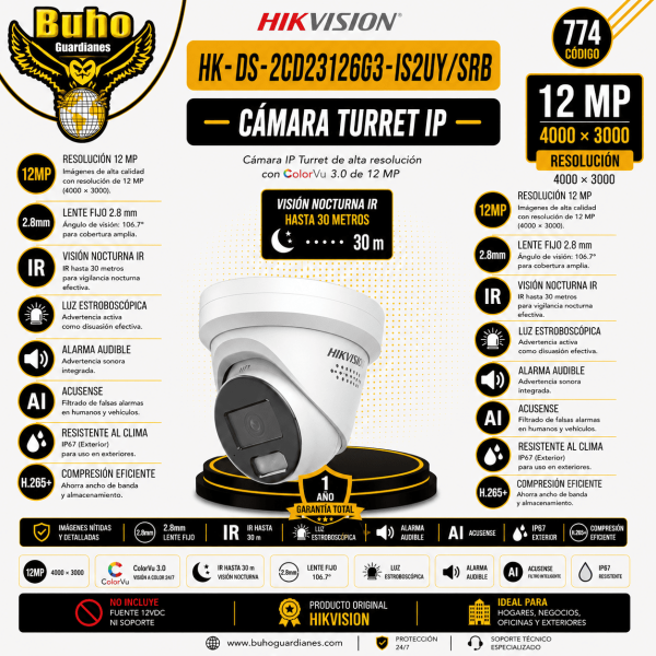 774-TURRET IP 12MP ACUSENSE 2.8MM LUZ ESTROB Y ALARMA AUDIBLE