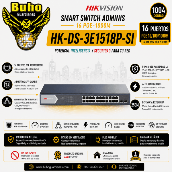 1004-SMART SWITCH ADMINIS 16 POE ALL 1000M (1G) + 2 UP SFP (1G) - PROYECTOS