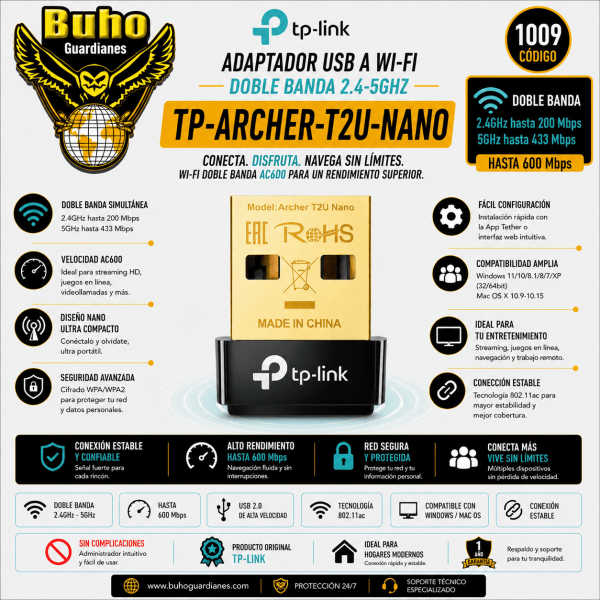 1009-ADAPTADOR USB WIFI DOBLE BANDA 200MBPS 2.4-5GHZ