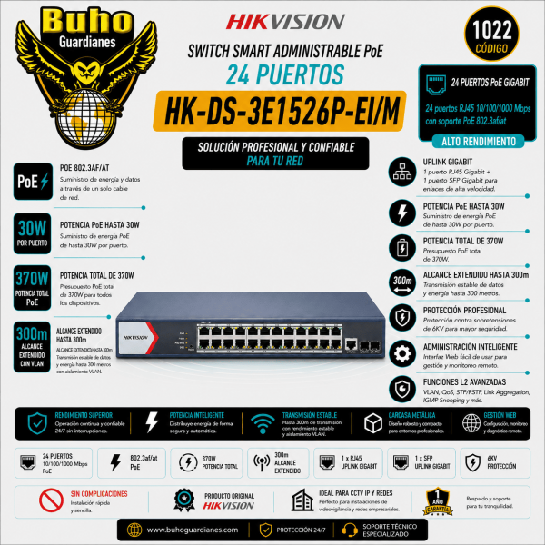 1022-SMART SWITCH ADMINIS 24 POE ALL 1000M (1G) + 1 UP RJ45 (1G) + 1 UP SFP (1G) - 370W