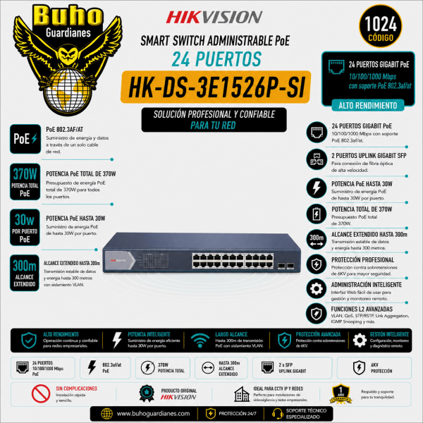 1024-SMART SWITCH ADMINIS 24 POE ALL 1000M (1G) + 2 UP SFP (1G) - VLAN - PROYECTOS