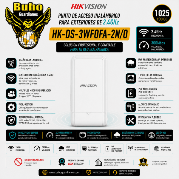 1025-Puente AP inalámbrico  EXTERIOR 2.4GHZ 300MBPS 1 KM ANTENA 7DBI 2X2 MIMO 65°