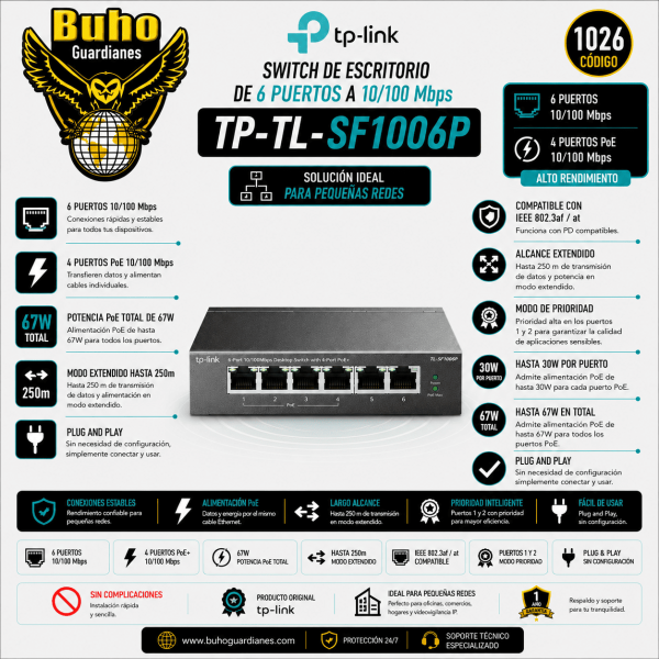 1026-Switch de escritorio de 6 puertos a 10/100 Mbps con 4 puertos PoE+
