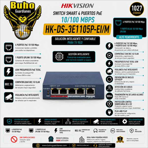 1027-SWITCH SMART 4 PUERTOS 10/100 MBPS POE ,1 PUERTO UPLINK 10/100 MBPS