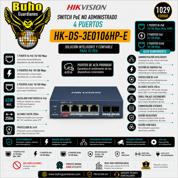 1029-SWITCH 4 PUERTOS 10/100 MBPS POE (1 PUERTO HI POE) ,2 PUERTO UPLINK 10/100 MBPS