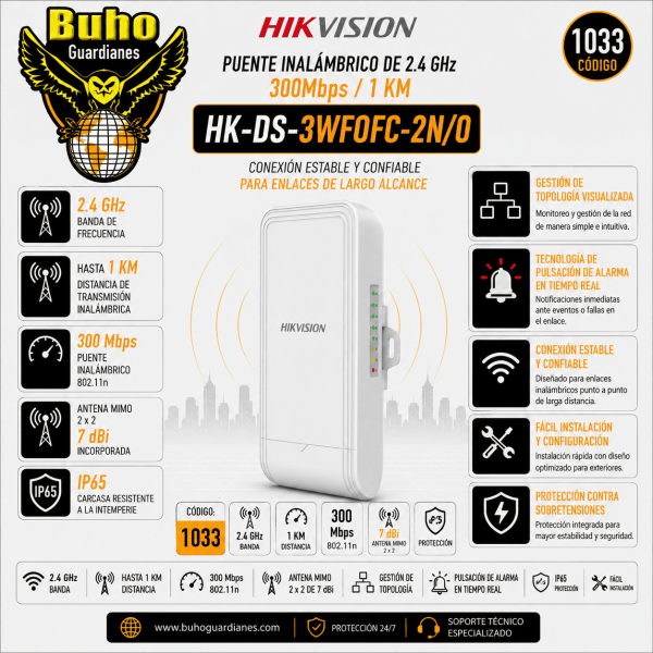 1033-CPE INALAM EXTERIOR 2.4GHZ 300MBPS 1 KM ANTENA 7DBI 2X2 MIMO 35°