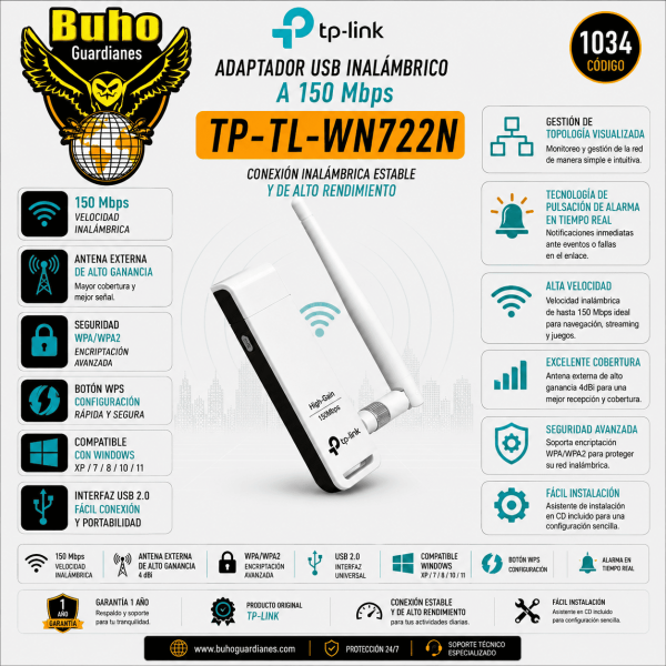 1034-ADAPTADOR USB WIFI GRAN POTENCIA 150MBPS 2.4GHZ 1 ANTENA