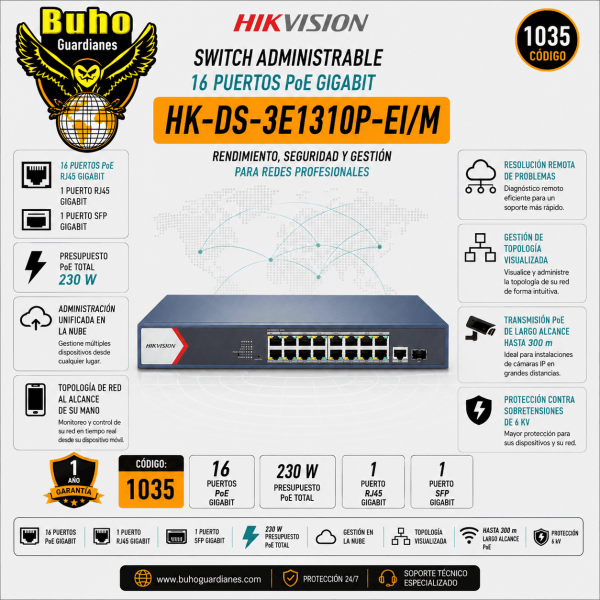 1035-SWITCH ADMINIS 16 POE ALL 1000M (1G) + 1 UP RJ45 (1G) + 1 UP SFP (1G) - 230W