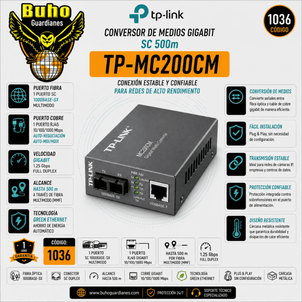 1036-CONVERTIDOR A FIBRA OPTICA DE RJ45 A MULTIMODO SC