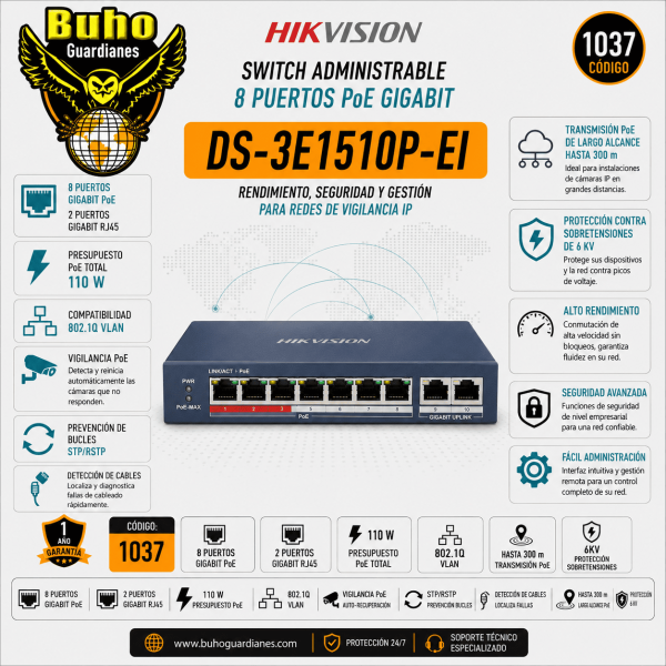 1037-SWITCH ADMINIS 8 POE ALL 1000M (1G) + 2 UP RJ45 GIGABITE - 110W