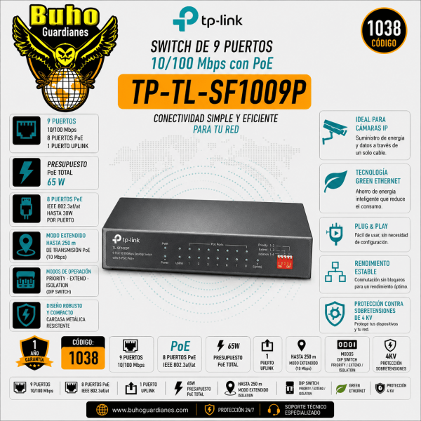 1038-Switch de escritorio de 9 puertos a 10/100 Mbps con PoE+ de 8 puertos