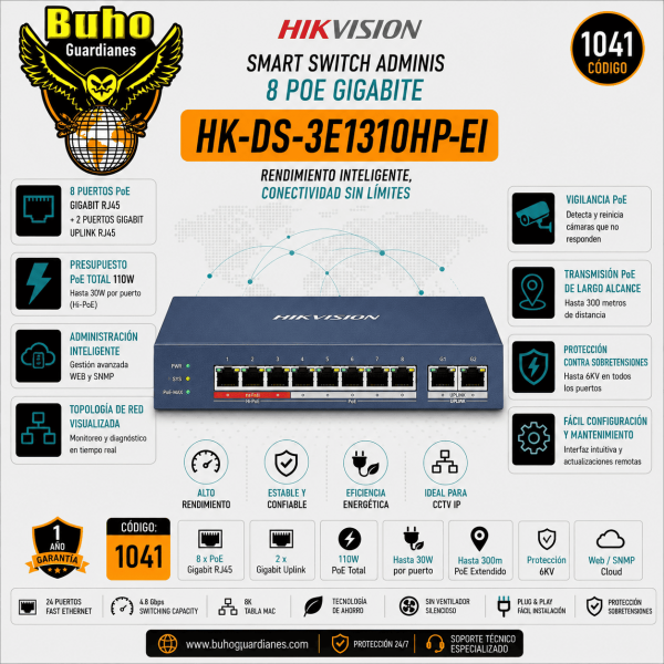 1041-SMART SWITCH ADMINIS 8 POE MIX 100M + 2 UP RJ45 GIGABITE - 1° Y 2°P HI-POE