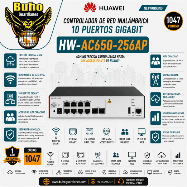 1047-Controlador de red inalámbrica  para 256 Access Points, 10 Puertos Gigabit