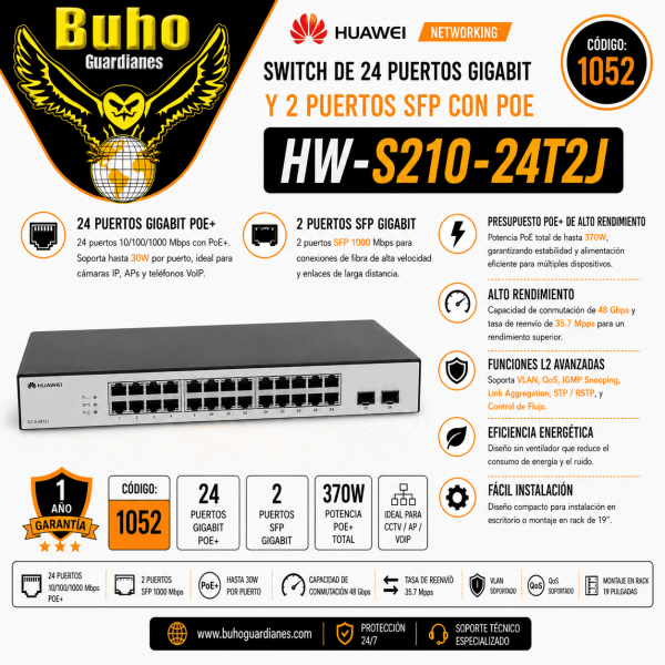 1052 - SWITCH 24P X 10/100/1000 BASE-T(POE+),2PX100M/GE/2.5GE SFP. CAPACIDAD 58GBPS