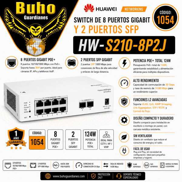 1054 - SWITCH 8P X 10/100/1000 BASE-T(POE+),2PX100M/GE/2.5GE SFP. CAPACIDAD 26GBPS