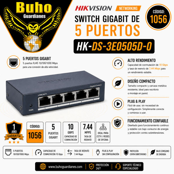 1056 - SWITCH GIGABIT DE 5 PUERTOS 1000 MBPS METALICO